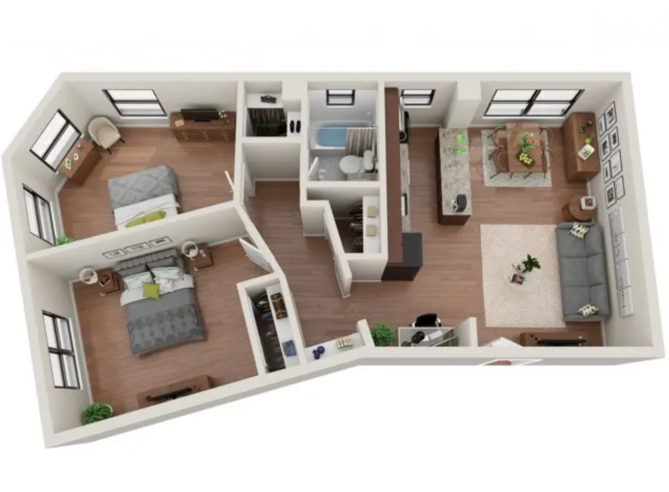 Floor plan for 2 beds, 1 bath, 708 sqft